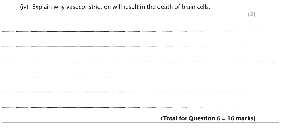 June 2024 Paper 3, question 6(b)(iv): Explain why vasoconstriction will result in the death of brain cells. (2)