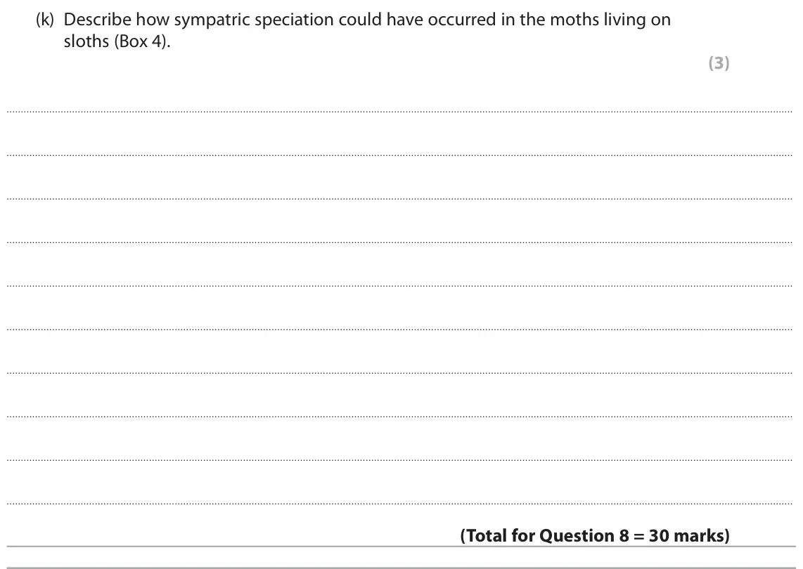 June 2024 Paper 3, question 8(k): Describe how sympatric speciation could have occurred in the moths living on sloths (Box 4). (3)