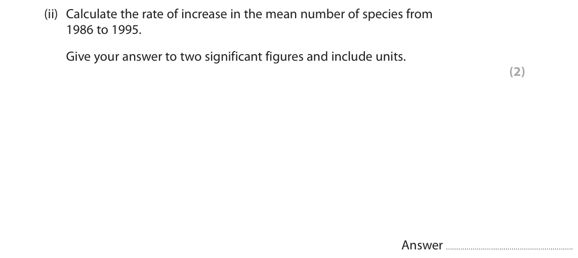 June 2025 Paper 3, question 1(a)(ii): Calculate the rate of increase in the mean number of species from 1986 to 1995. Give your answer to two significant figures and include units. (2) Answer