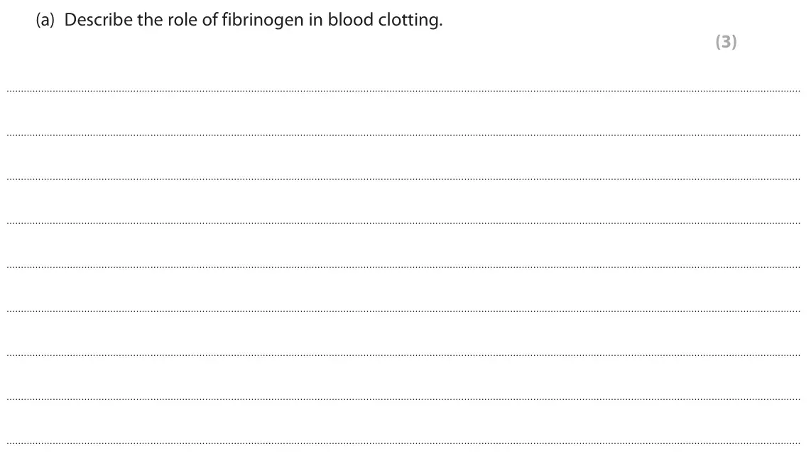 June 2025 Paper 3, question 3(a): Describe the role of fibrinogen in blood clotting. (3)