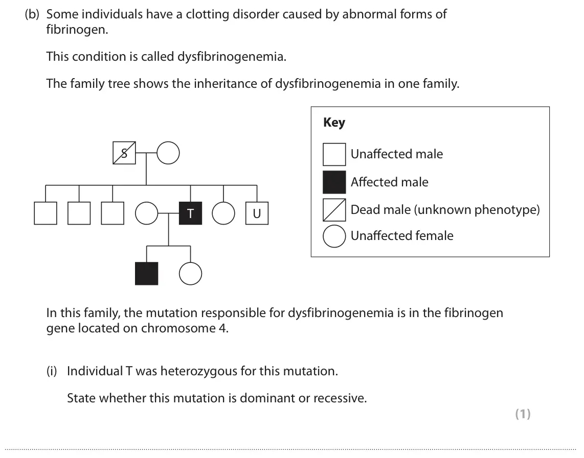 June 2025 Paper 3, question 3(b)(i): Individual T was heterozygous for this mutation. State whether this mutation is dominant or recessive. (1)