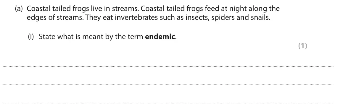 June 2025 Paper 3, question 6(a)(i): State what is meant by the term endemic. (1)