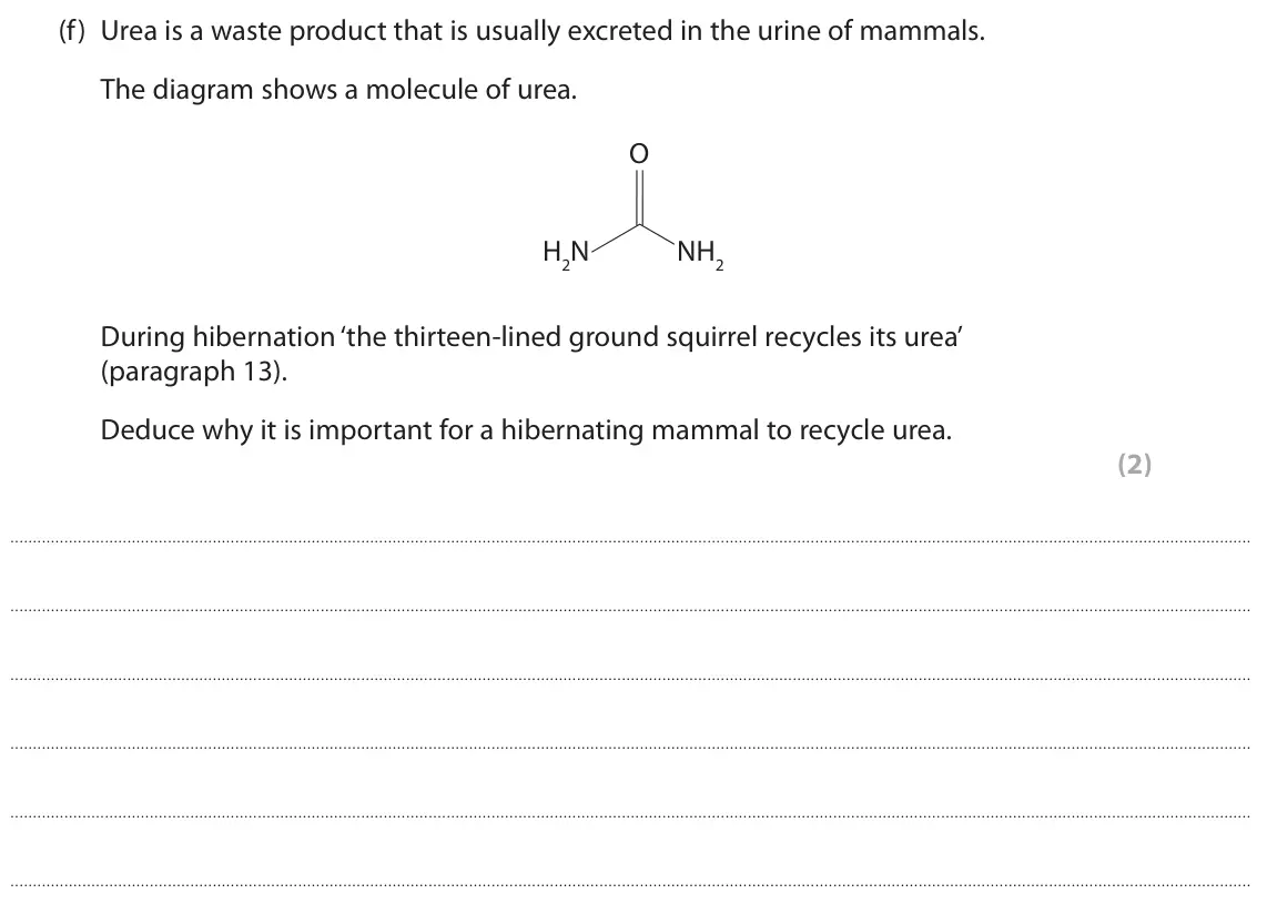 June 2025 Paper 3, question 8(f): Urea is a waste product that is usually excreted in the urine of mammals. The diagram shows a molecule of urea. O H2N NH2 During hibernation ‘the thirteen-lined