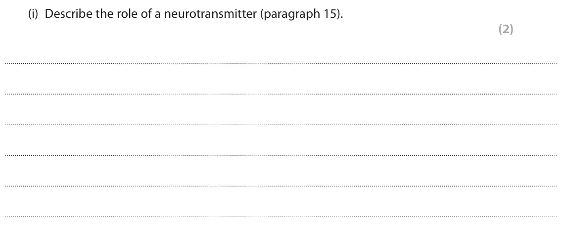 June 2025 Paper 3, question 8(i): Describe the role of a neurotransmitter (paragraph 15). (2)
