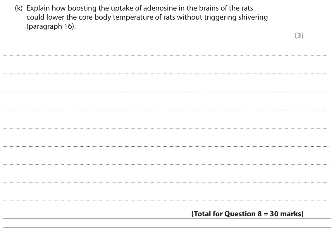 June 2025 Paper 3, question 8(k): Explain how boosting the uptake of adenosine in the brains of the rats could lower the core body temperature of rats without triggering shivering (paragraph 16)