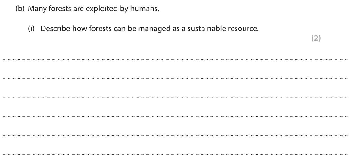 November 2021 Paper 3, question 5(b)(i): Describe how forests can be managed as a sustainable resource. (2)
