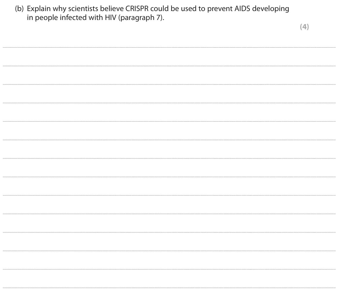 November 2021 Paper 3, question 8(b): Explain why scientists believe CRISPR could be used to prevent AIDS developing in people infected with HIV (paragraph 7). (4)
