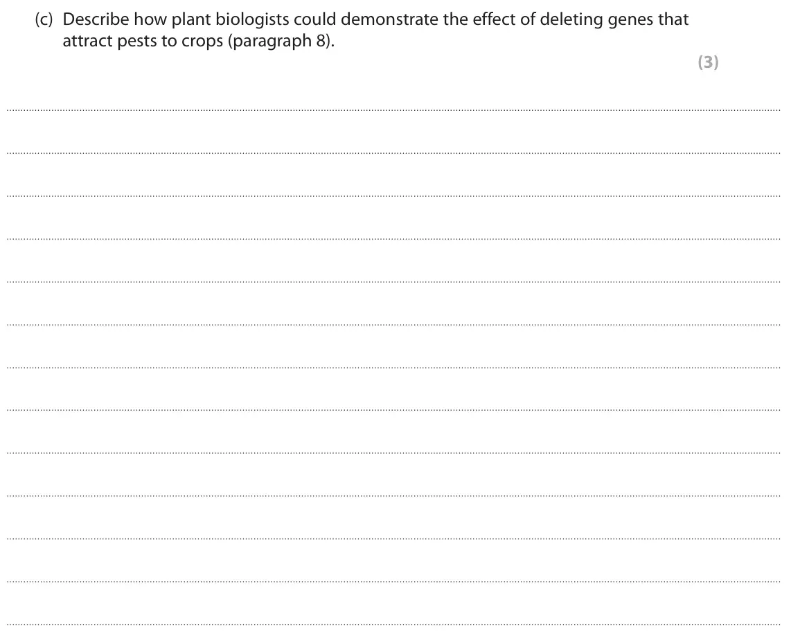 November 2021 Paper 3, question 8(c): Describe how plant biologists could demonstrate the effect of deleting genes that attract pests to crops (paragraph 8). (3)