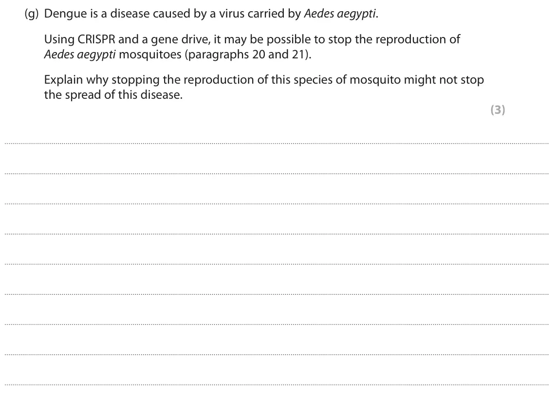 November 2021 Paper 3, question 8(g): Dengue is a disease caused by a virus carried by Aedes aegypti. Using CRISPR and a gene drive, it may be possible to stop the reproduction of Aedes aegypti mosq