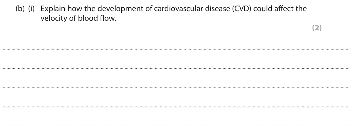 October 2020 Paper 3, question 1(b)(i): Explain how the development of cardiovascular disease (CVD) could affect the velocity of blood flow. . (2)