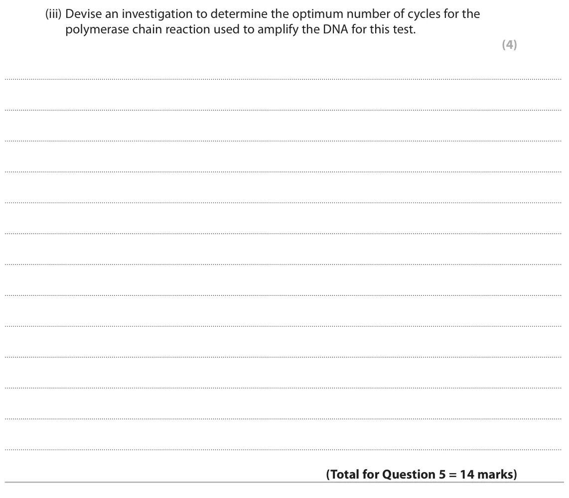 October 2020 Paper 3, question 5(b)(iii): Devise an investigation to determine the optimum number of cycles for the polymerase chain reaction used to amplify the DNA for this test. (4)