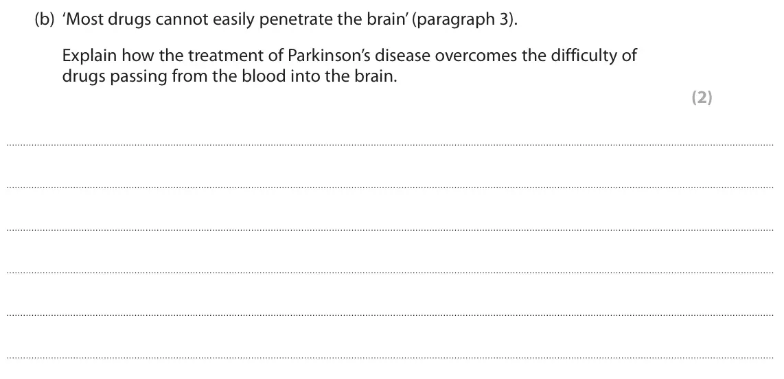 October 2020 Paper 3, question 7(b): ‘Most drugs cannot easily penetrate the brain’ (paragraph 3). Explain how the treatment of Parkinson’s disease overcomes the difficulty of drugs passing from th