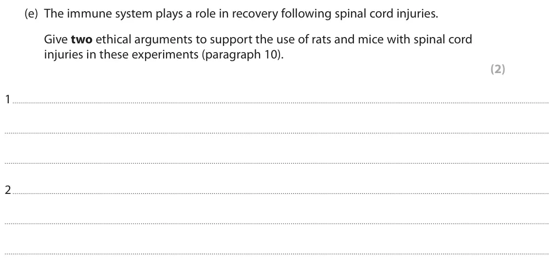 October 2020 Paper 3, question 7(e): The immune system plays a role in recovery following spinal cord injuries. Give two ethical arguments to support the use of rats and mice with spinal cord injur