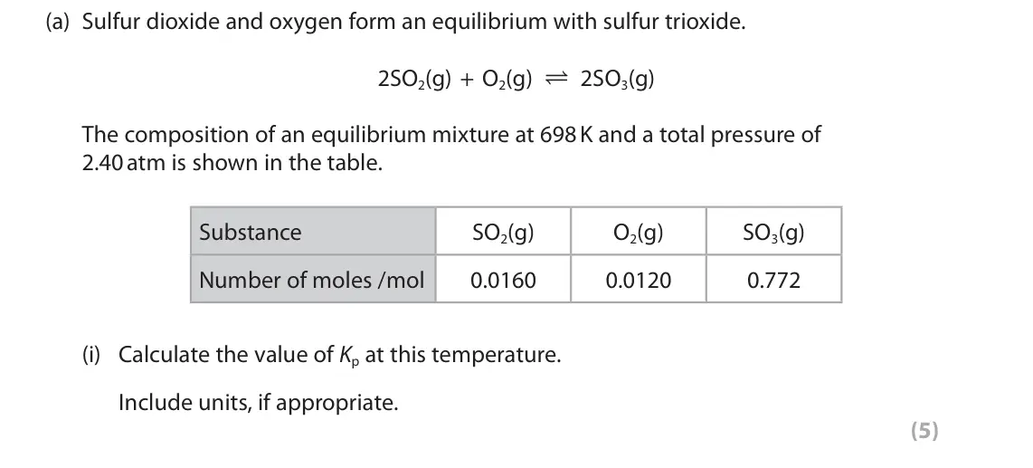 June 2019 Paper 1, question 10(a)(i): Calculate the value of Kp at this temperature. Include units, if appropriate. (5)