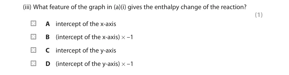 June 2023 Paper 1, question 5(a)(iii): What feature of the graph in (a)(i) gives the enthalpy change of the reaction? (1) A intercept of the x‑axis B (intercept of the x‑axis) × –1 C intercept of the