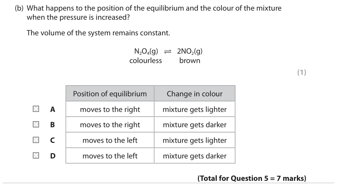 June 2023 Paper 1, question 5(b): What happens to the position of the equilibrium and the colour of the mixture when the pressure is increased? The volume of the system remains constant. N2O4(g)