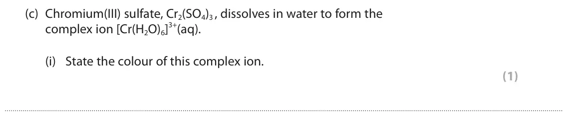 June 2023 Paper 1, question 7(c)(i): State the colour of this complex ion. (1)