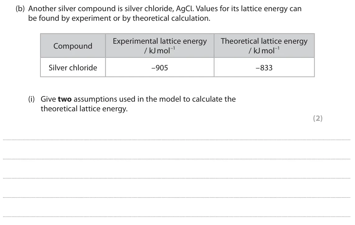 June 2023 Paper 1, question 9(b)(i): Give two assumptions used in the model to calculate the theoretical lattice energy. (2)