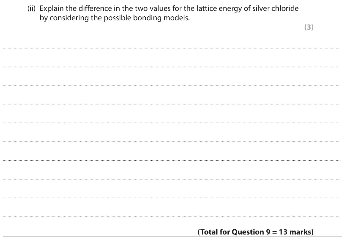 June 2023 Paper 1, question 9(b)(ii): Explain the difference in the two values for the lattice energy of silver chloride by considering the possible bonding models. (3)