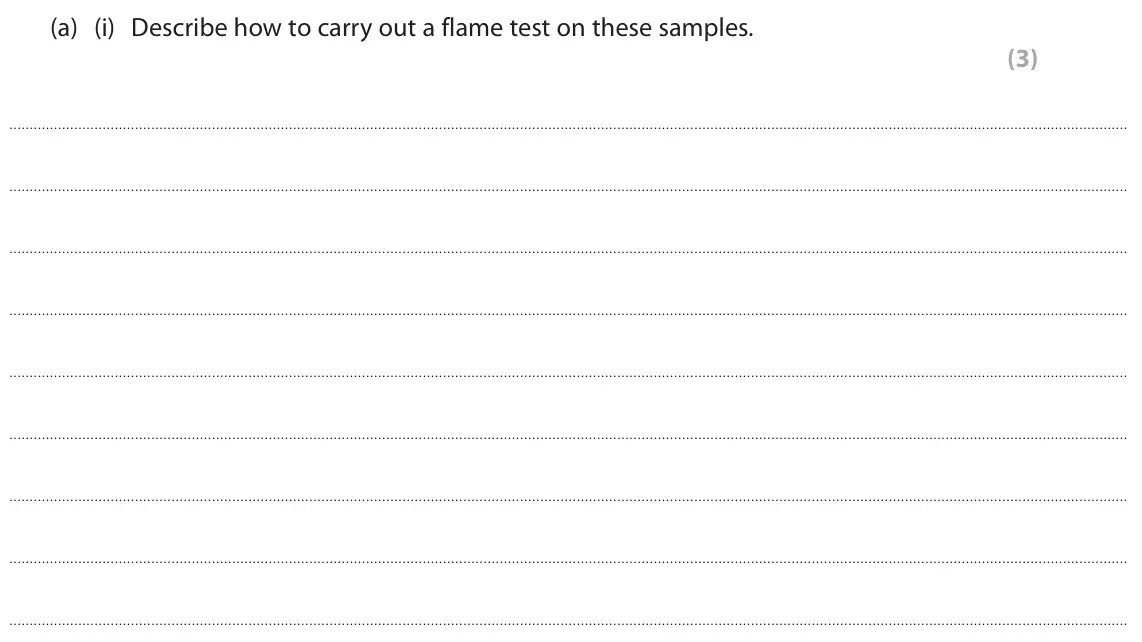 June 2024 Paper 1, question 3(a)(i): Describe how to carry out a flame test on these samples. (3)