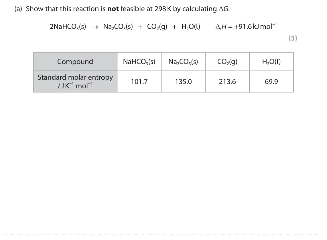 June 2024 Paper 1, question 9(a): Show that this reaction is not feasible at 298 K by calculating ΔG. 2NaHCO3(s) → Na2CO3(s) + CO2(g) + H2O(l) ΔrH = +91.6 kJ mol−1 (3) Compound NaHCO3(s) Na2CO3(