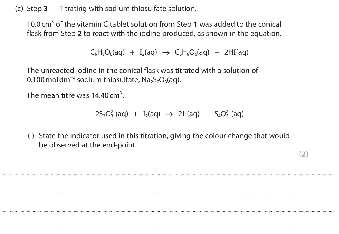 June 2024 Paper 1, question 10(c)(i): State the indicator used in this titration, giving the colour change that would be observed at the end-point. (2)