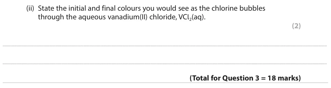 October 2020 Paper 1, question 3(d)(ii): State the initial and final colours you would see as the chlorine bubbles through the aqueous vanadium(II) chloride, VCl2(aq). (2)