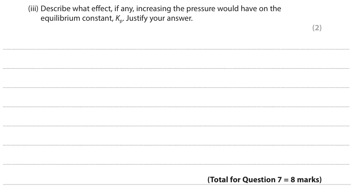 October 2020 Paper 1, question 7(b)(iii): Describe what effect, if any, increasing the pressure would have on the equilibrium constant, Kp. Justify your answer. (2)