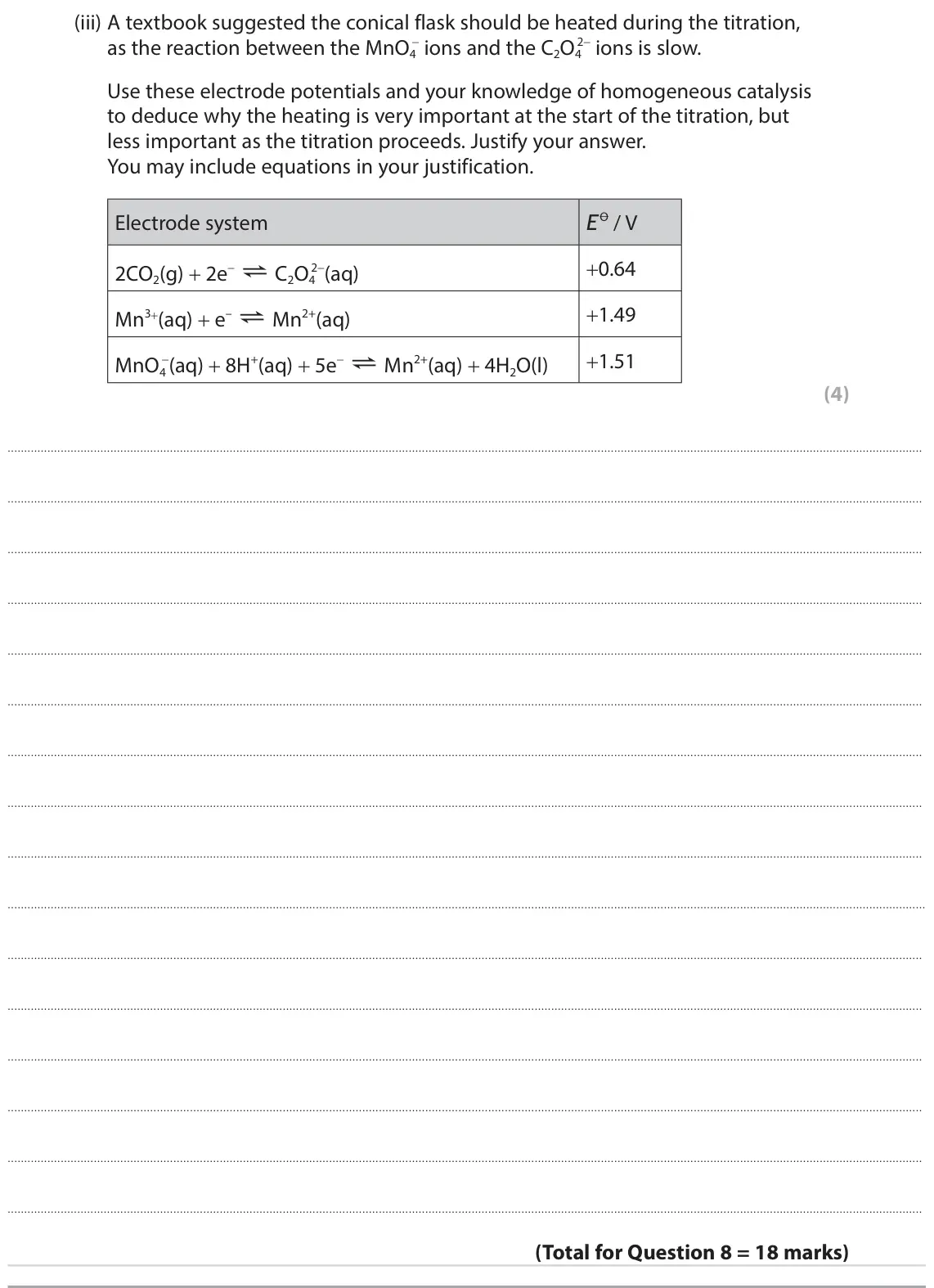 October 2020 Paper 1, question 8(e)(iii): A textbook suggested the conical flask should be heated during the titration, − ions and the C2O4 2− ions is slow. as the reaction between the MnO4 Use these el