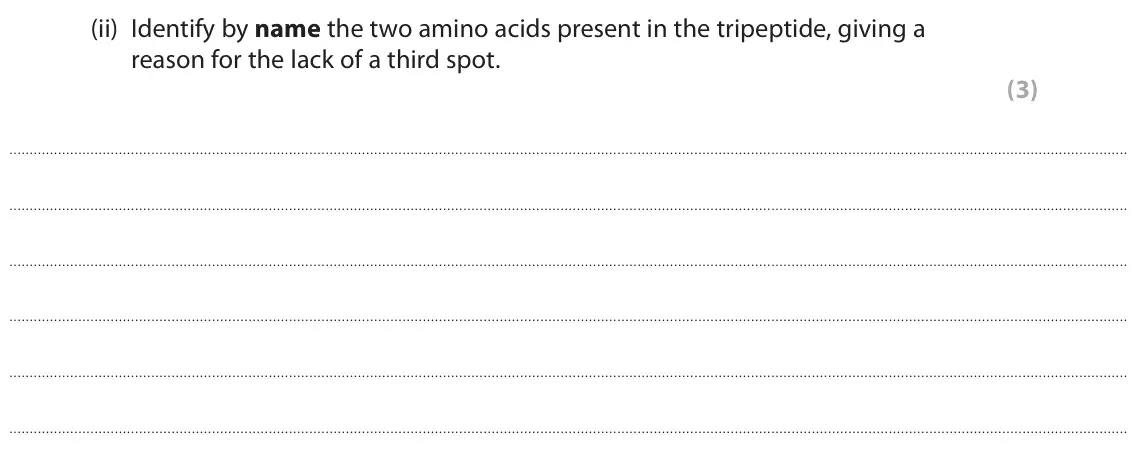June 2018 Paper 2, question 3(a)(ii): Identify by name the two amino acids present in the tripeptide, giving a reason for the lack of a third spot. (3)