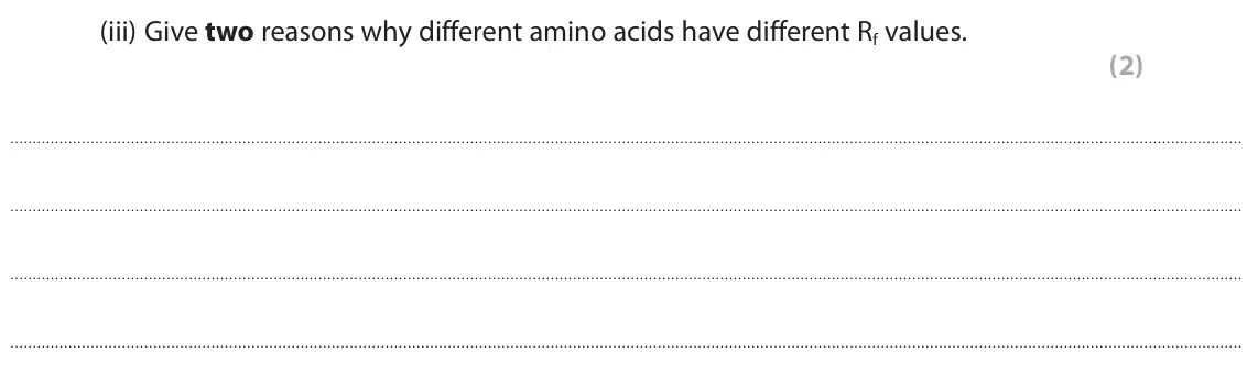 June 2018 Paper 2, question 3(a)(iii): Give two reasons why different amino acids have different Rf values. (2)