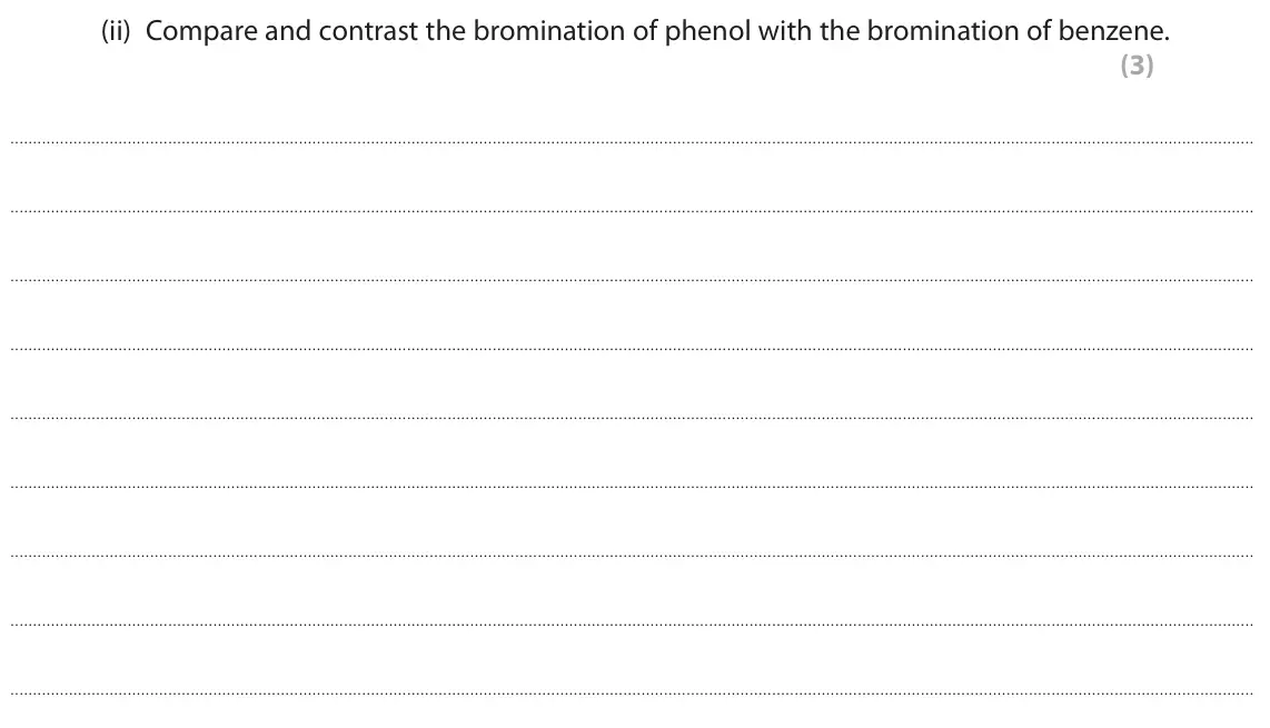 June 2018 Paper 2, question 8(a)(ii): Compare and contrast the bromination of phenol with the bromination of benzene. (3)