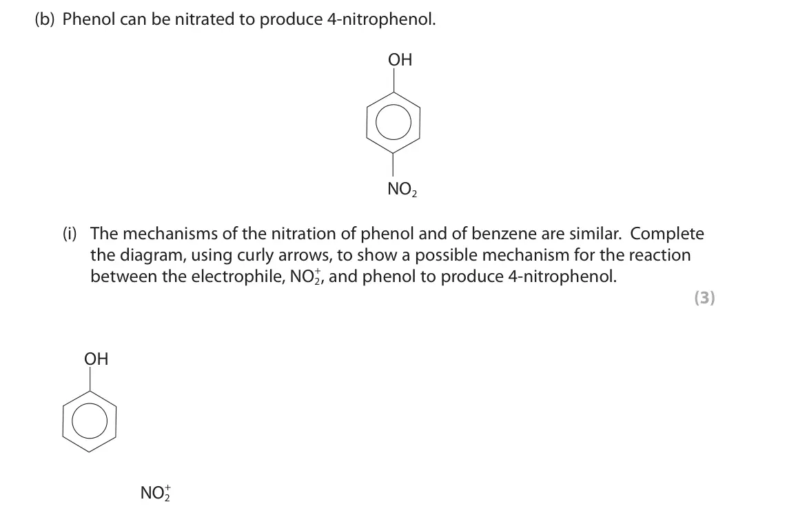 June 2018 Paper 2, question 8(b)(i): The mechanisms of the nitration of phenol and of benzene are similar. Complete the diagram, using curly arrows, to show a possible mechanism for the reaction +,