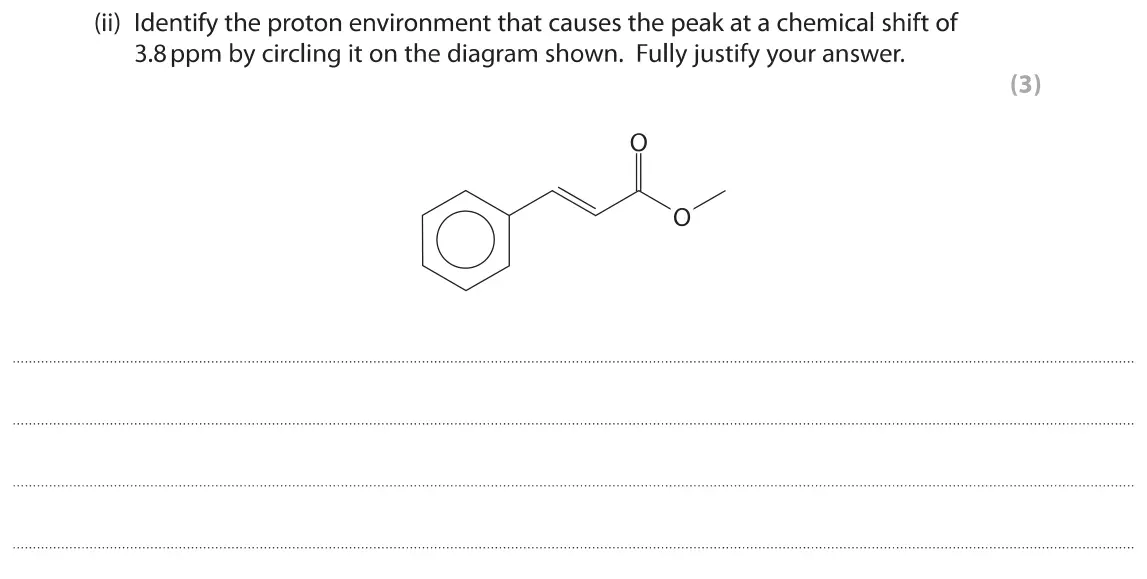 June 2019 Paper 2, question 4(b)(ii): Identify the proton environment that causes the peak at a chemical shift of 3.8 ppm by circling it on the diagram shown. Fully justify your answer. (3)