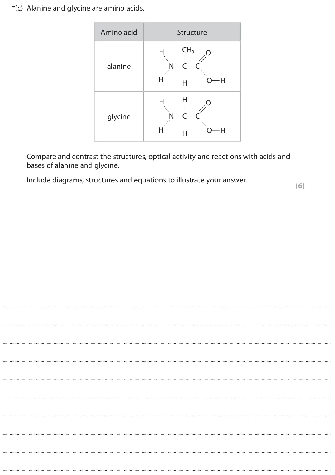 June 2022 Paper 2, question 7(c): Alanine and glycine are amino acids. Amino acid Structure CH3 H O N C C alanine H O H H H H O N C C glycine H O H H Compare and contrast the structures, optical