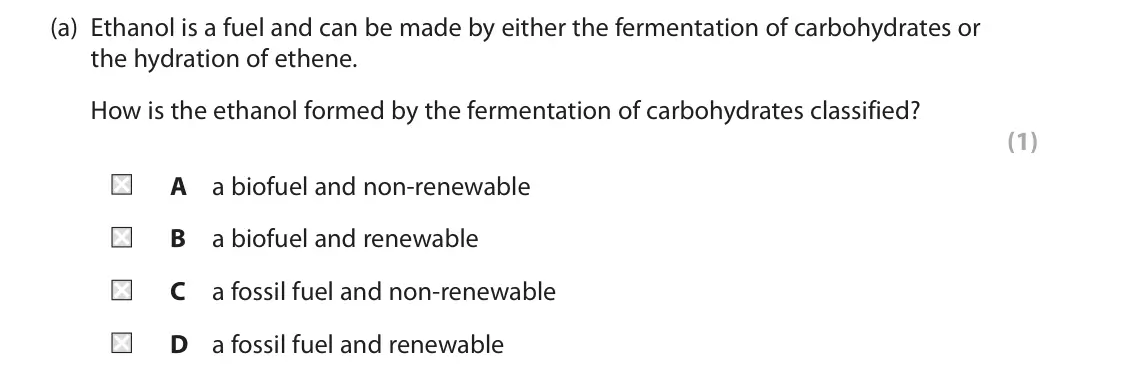 June 2023 Paper 2, question 2(a): Ethanol is a fuel and can be made by either the fermentation of carbohydrates or the hydration of ethene. How is the ethanol formed by the fermentation of carbo