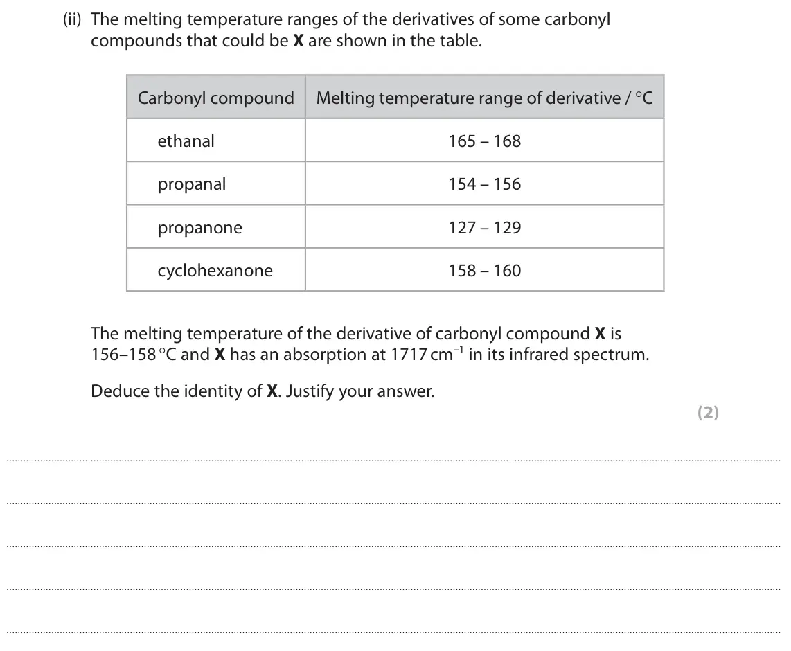 June 2023 Paper 2, question 7(c)(ii): The melting temperature ranges of the derivatives of some carbonyl compounds that could be X are shown in the table. Melting temperature range of derivative / °