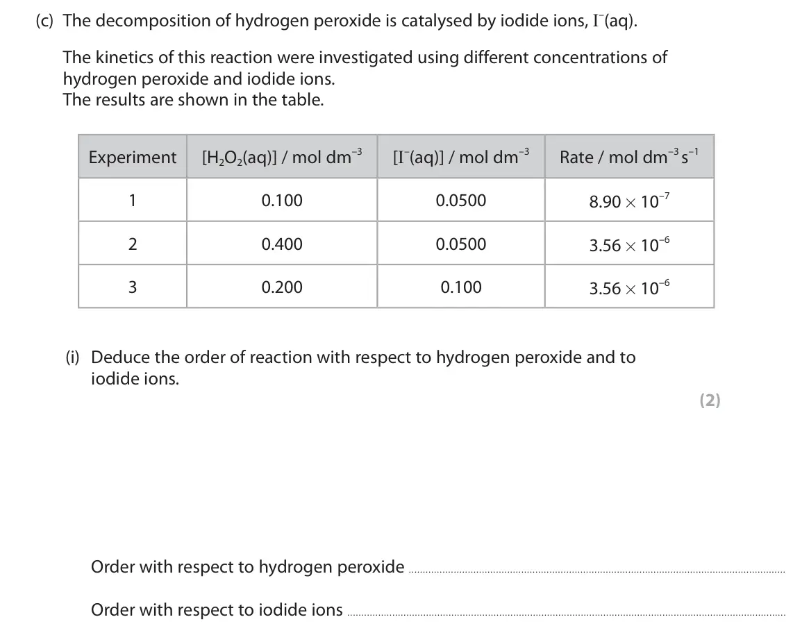 June 2024 Paper 2, question 3(c)(i): Deduce the order of reaction with respect to hydrogen peroxide and to iodide ions. (2) Order with respect to hydrogen peroxide Order with respect to iodide ions