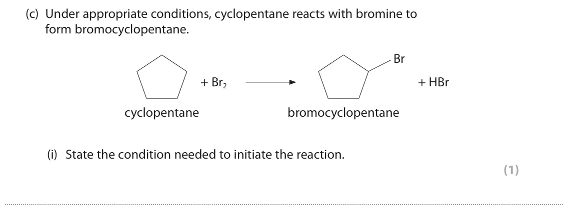 June 2024 Paper 2, question 5(c)(i): State the condition needed to initiate the reaction. (1)