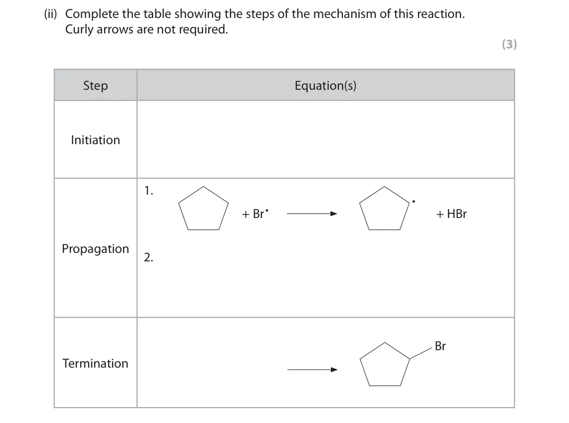 June 2024 Paper 2, question 5(c)(ii): Complete the table showing the steps of the mechanism of this reaction. Curly arrows are not required. (3) Step Equation(s) Initiation 1. . + Br. + HBr Propagat