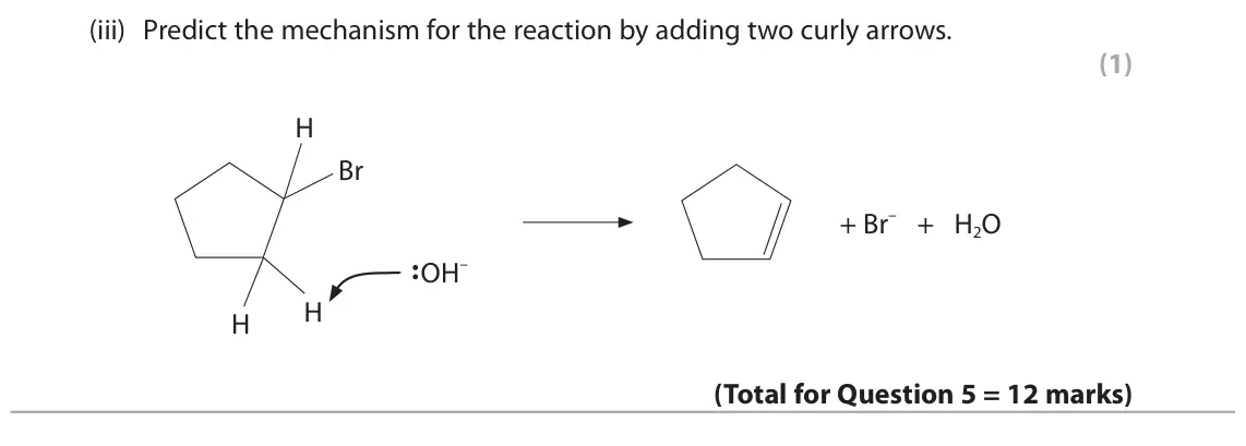 June 2024 Paper 2, question 5(d)(iii): Predict the mechanism for the reaction by adding two curly arrows. (1) H Br + Br– + H2O :OH– H H