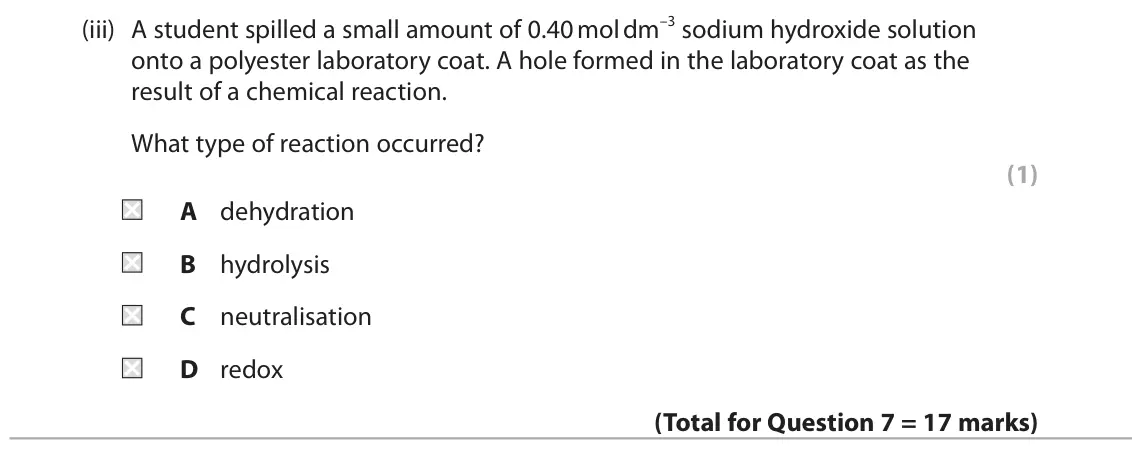 June 2024 Paper 2, question 7(d)(iii): A student spilled a small amount of 0.40 mol dm–3 sodium hydroxide solution onto a polyester laboratory coat. A hole formed in the laboratory coat as the result