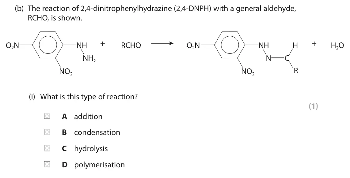 June 2025 Paper 2, question 6(b)(i): What is this type of reaction? (1) A addition B condensation C hydrolysis D polymerisation