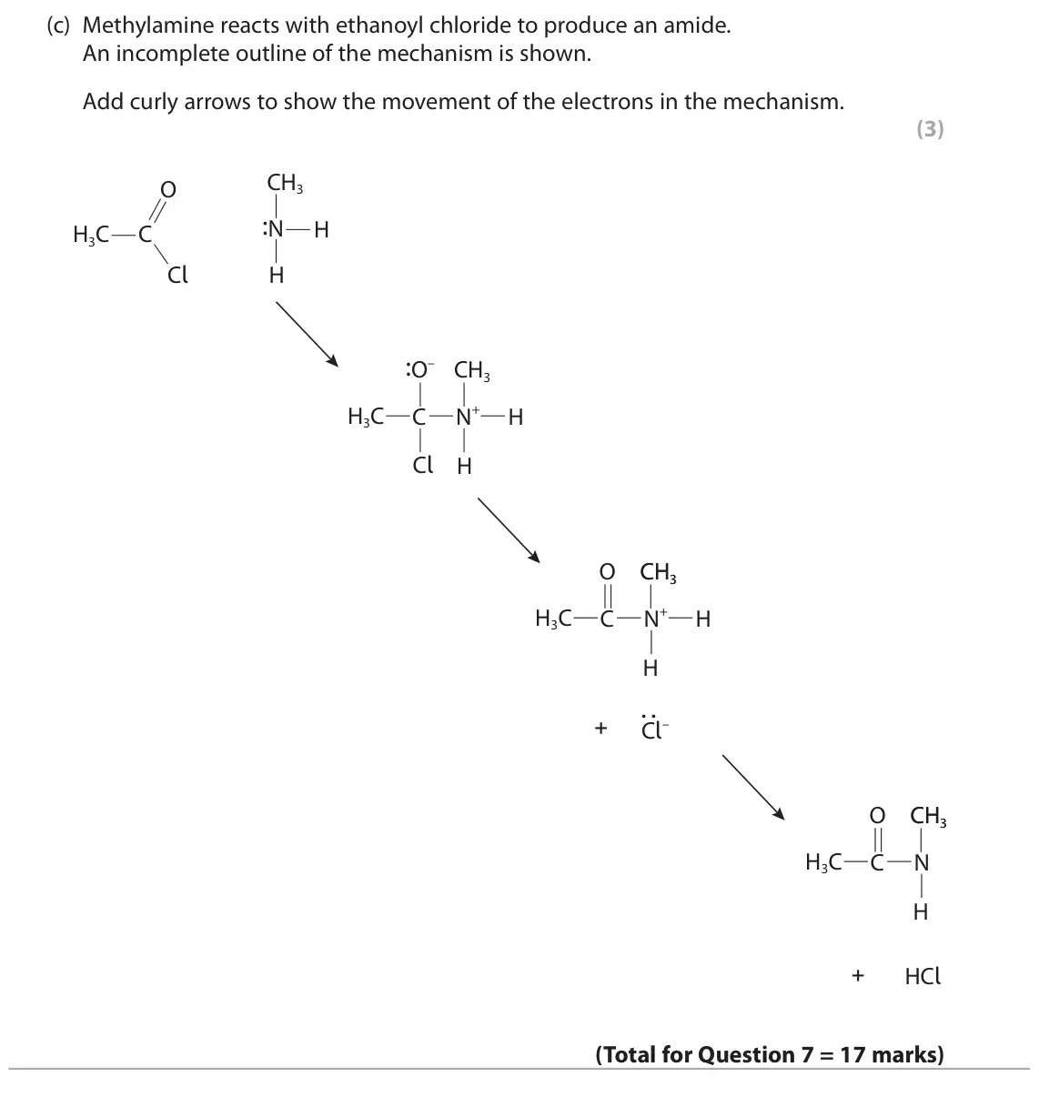 June 2025 Paper 2, question 7(c): Methylamine reacts with ethanoyl chloride to produce an amide. An incomplete outline of the mechanism is shown. Add curly arrows to show the movement of the ele