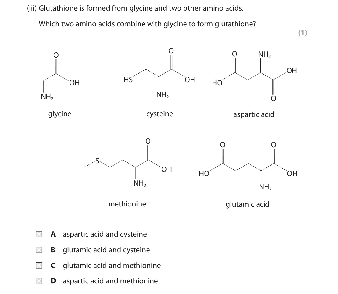 November 2021 Paper 2, question 9(c)(iii): Glutathione is formed from glycine and two other amino acids. Which two amino acids combine with glycine to form glutathione? (1) O O NH2 O OH HS OH OH HO NH2 N