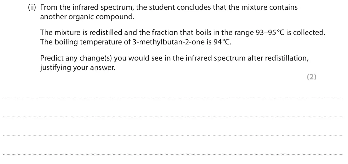 June 2017 Paper 3, question 2(d)(ii): From the infrared spectrum, the student concludes that the mixture contains another organic compound. The mixture is redistilled and the fraction that boils in 