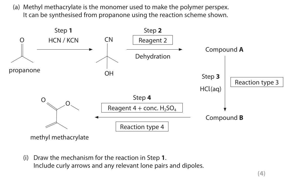 June 2022 Paper 3, question 7(a)(i): Draw the mechanism for the reaction in Step 1. Include curly arrows and any relevant lone pairs and dipoles. (4)