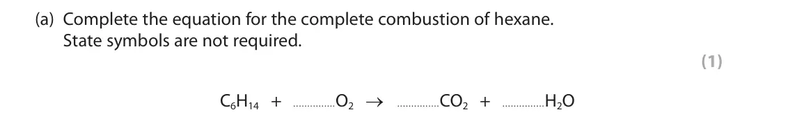 June 2023 Paper 3, question 1(a): Complete the equation for the complete combustion of hexane. State symbols are not required. (1) C6H14 + O2 → CO2 + H2O