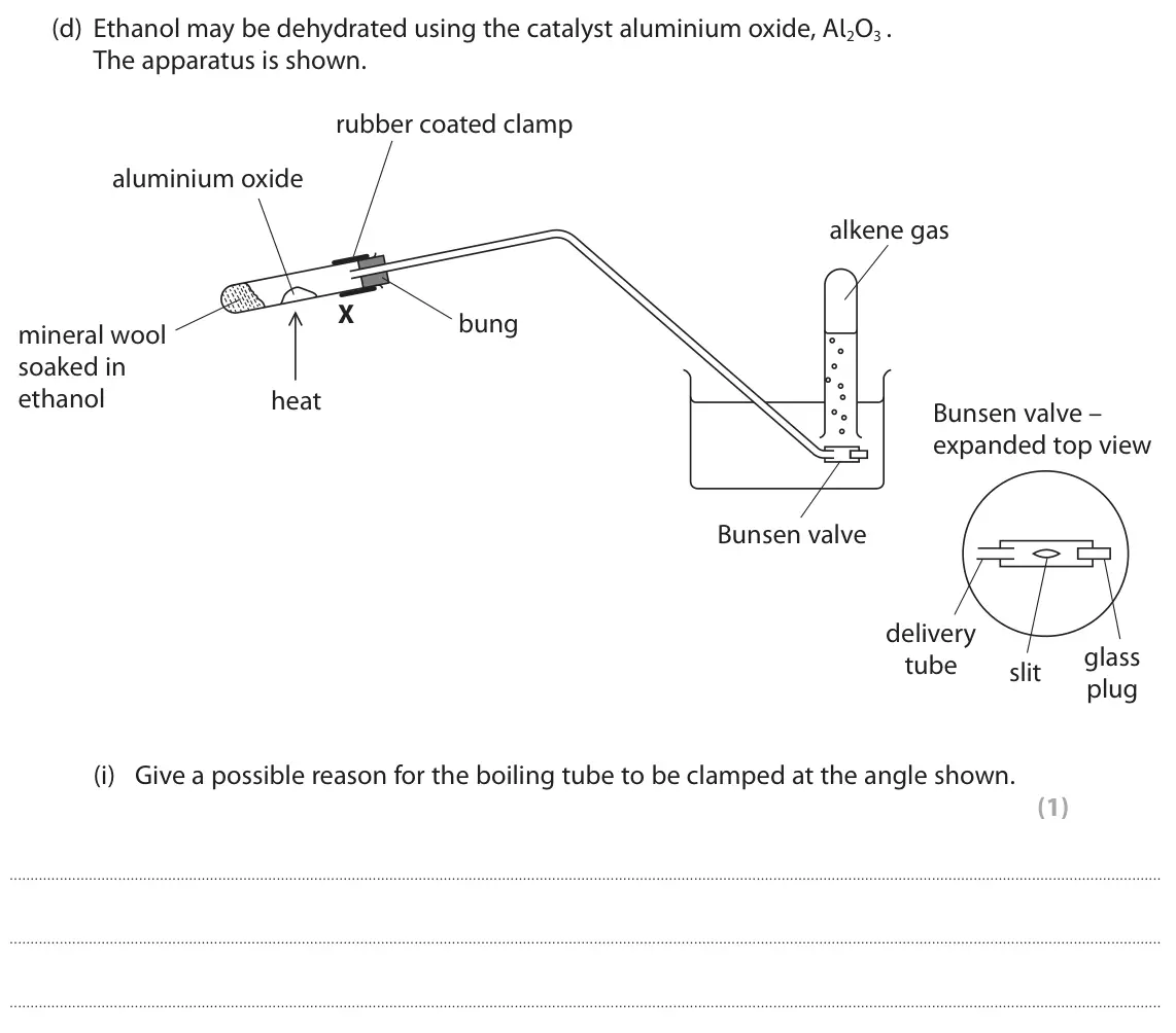 June 2023 Paper 3, question 3(d)(i): Give a possible reason for the boiling tube to be clamped at the angle shown. (1)