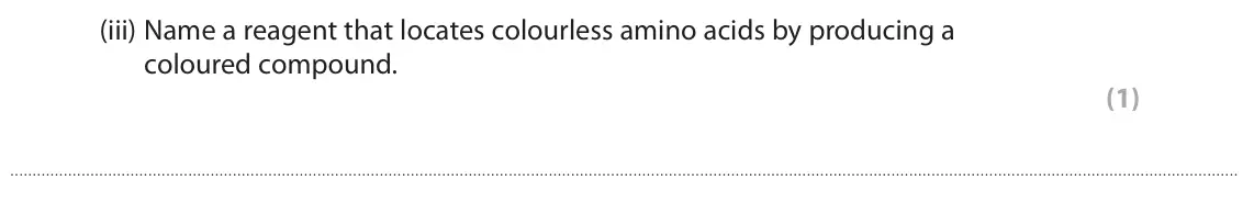 June 2023 Paper 3, question 6(b)(iii): Name a reagent that locates colourless amino acids by producing a coloured compound. (1)